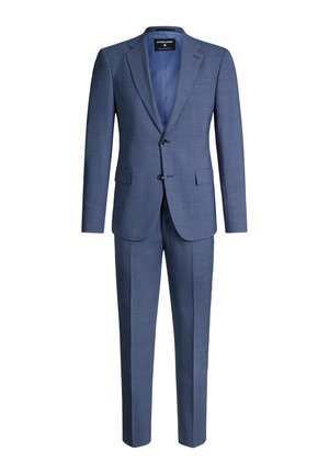 Blauer zweiteiliger Herrenanzug mit Blazer mit Kerbkragen, Zwei-Knopf-Verschluss, Pattentaschen und passenden maßgeschneiderten Hosen.