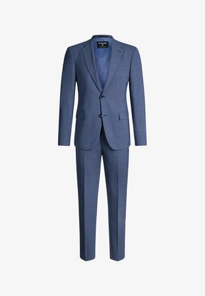 Blauer zweiteiliger Herrenanzug mit Blazer mit Kerbkragen, Zwei-Knopf-Verschluss, Pattentaschen und passenden maßgeschneiderten Hosen.