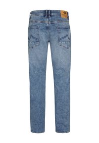 Jeans in denim azzurro chiaro con taglio dritto, dotati di tasche posteriori con cuciture decorative e un'etichetta in pelle beige sulla vita.