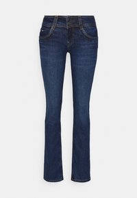 Mörkblå denimjeans med rak passform, featuring dubbel knappstängning, fem-fickorsdesign och subtila sömnadsdetaljer.