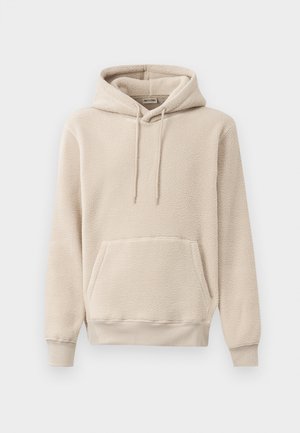 Beige Fleece-Hoodie mit einer Vordertasche, Kapuze mit Kordelzug und gerippten Bündchen sowie Saum. Weiche Textur in einer einfarbigen, neutralen Farbe.
