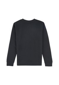 Felpa nera con collo rotondo, maniche lunghe, polsini e orlo a coste, e una texture di tessuto liscia senza disegni o loghi visibili.