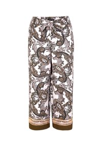 Pantalons légers à motif avec un design paisley en marron, noir et blanc. Taille élastique et détail de ourlet contrastant.