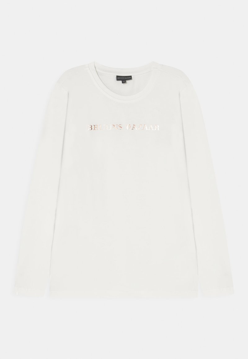 Camisola de manga longa branca feita de um tecido suave, com decote redondo e o texto metálico "BRUTUS BAZAAR" em destaque no peito.