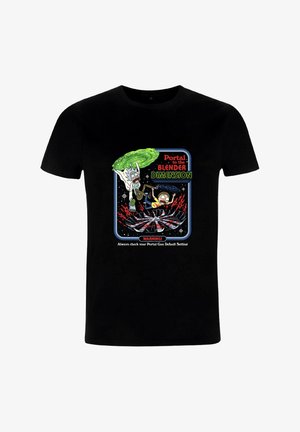 Schwarzes Baumwoll-T-Shirt mit einem bunten Motiv, das Figuren und Text zeigt, darunter "Portal zur BLENDER-DIMENSION" und ein Warnhinweis.