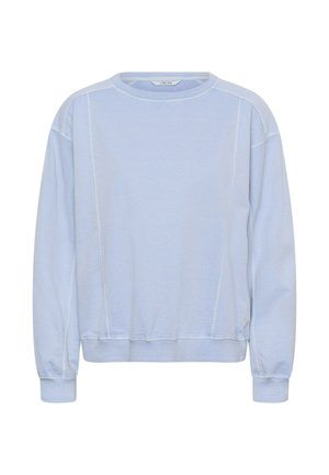 Sweat-shirt à col ras du cou bleu clair avec des manches longues, des poignets et un ourlet côtelés. Présente des coutures contrastantes et une petite étiquette de marque sur le côté.