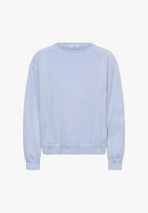 Helleblaues Sweatshirt mit Rundhalsausschnitt und langen Ärmeln, gerippten Bündchen und Saum. Mit kontrastierenden Nähten und einem kleinen Markenetikett an der Seite.