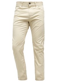 Pantalon beige à jambes droites avec poches avant, passants pour ceinture, fermeture éclair et bouton.