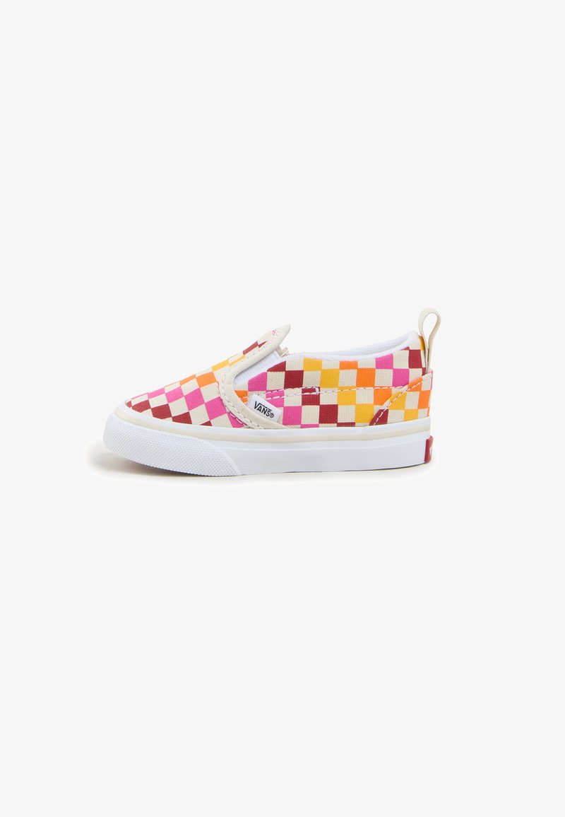 Slip-on sneaker with a multicolored checkerboard pattern in pink, yellow, orange, and brown. White rubber sole and padded collar detail.