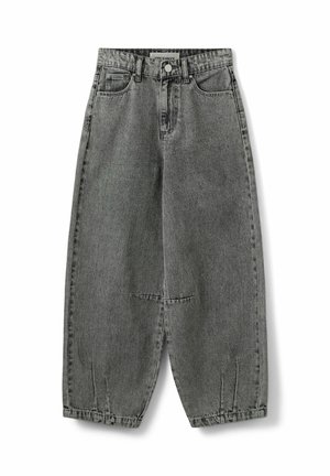 Baggy svarta denimjeans med hög midja, fem fickor och knappstängning. Har synlig sömnad och fållar vid anklarna.