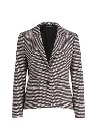 Blazer à motif noir et blanc avec un col cranté, deux poches avant et deux boutons. Le tissu présente un design pied-de-poule.