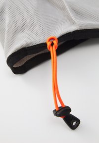 Light gray mesh fabric with black edging features an orange drawstring, secured by a black toggle adjuster.