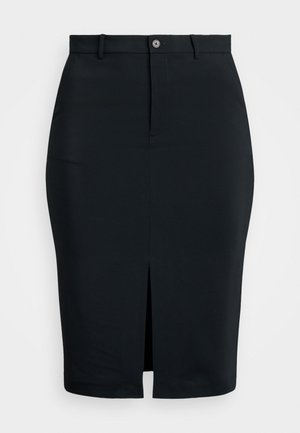 Musta räätälöity kynähame, jossa on etureikä, valmistettu sileästä materiaalista. Varustettu nappisulkemisella ja vyölenkeillä vyötäröllä.