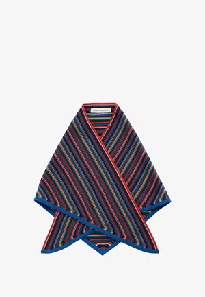 Večbarvni zavitek s črtami, ki vključujejo rdeče, zeleno, modro in črno. Izdelan iz mehke tkanine z modrim kontrastnim robom.
