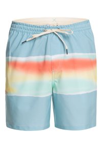 Svetlomodré plavky s multicolor horizontálnym prúžkovaním v oranžovej, zelenej a žltej farbe, s elastickým pásom a šnúrkou na stiahnutie.