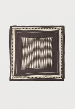 Square dark brown scarf with cream leaf pattern center and bordered geometric design on a plain background.