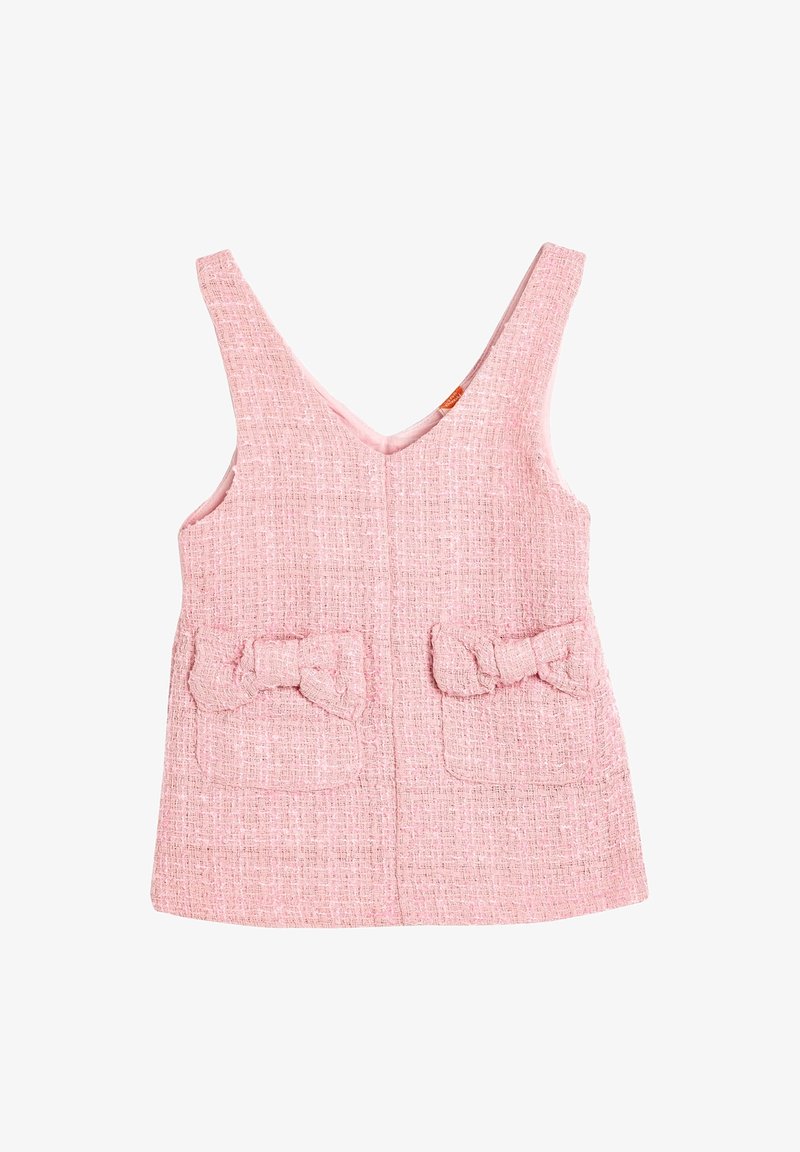 Rosa ärmlös väst i texturerad tyg med två framfickor med rosett-accenter och V-halsslinning.