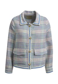 Tweed-Jacke mit Karomuster in Blau, Weiß und Pink. Mit einem Kragen, zwei Vorderaschen und goldfarbenen Knöpfen zum Verschließen.