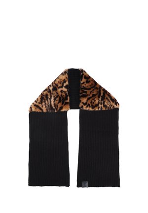 Sciarpa nera a coste con colletto in pelliccia sintetica leopardata. Presenta texture contrastanti e una piccola etichetta con logo a un'estremità.