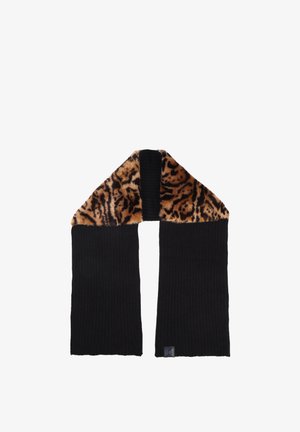 Black ribbed scarf with a leopard print faux fur collar. Features contrasting textures and a small logo patch at one end.