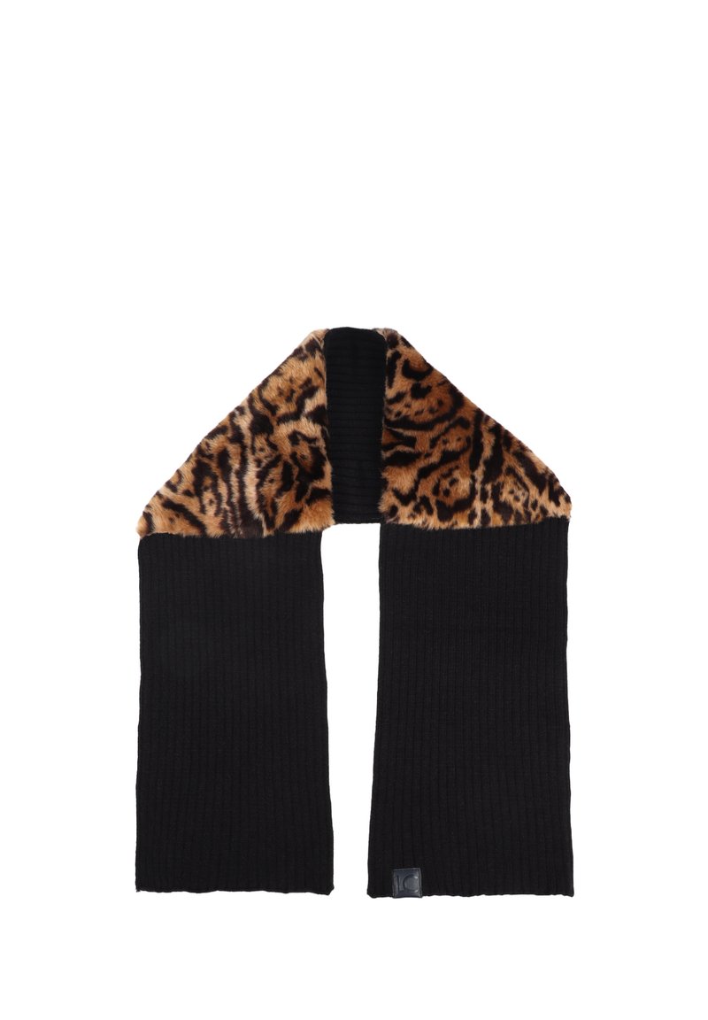 Sciarpa nera a coste con colletto in pelliccia sintetica leopardata. Presenta texture contrastanti e una piccola etichetta con logo a un'estremità.