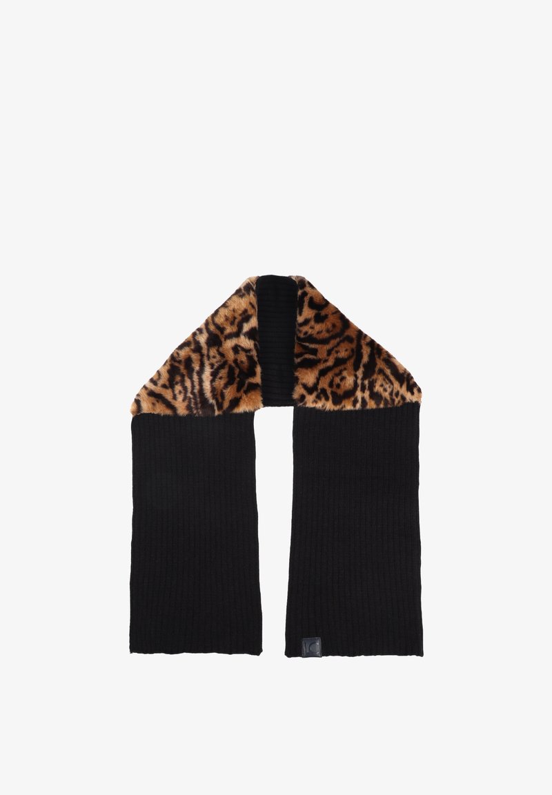 Sciarpa nera a coste con colletto in pelliccia sintetica leopardata. Presenta texture contrastanti e una piccola etichetta con logo a un'estremità.