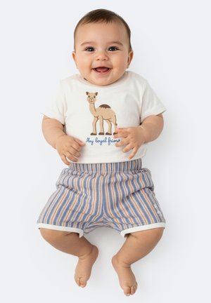 Bambino sorridente che indossa una maglietta bianca con un'illustrazione di un cammello e la scritta "Il mio amico fedele", abbinata a pantaloncini a righe blu e beige.