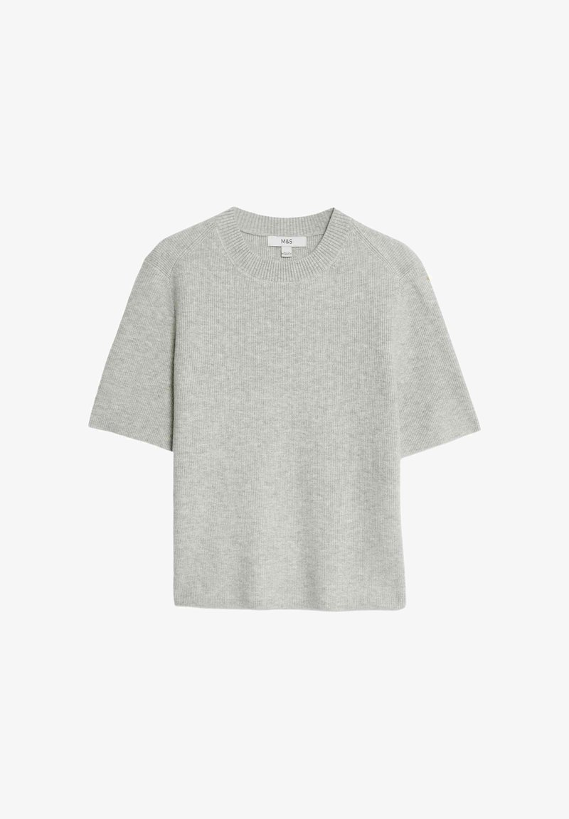 Maglione a maniche corte grigio chiaro in maglia con scollatura rotonda, caratterizzato da una texture a costine e una vestibilità rilassata. Realizzato in tessuto morbido.