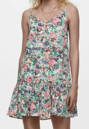 Ärmelloses Blumenkleid mit pinken, grünen, lila und braunen abstrakten Mustern, mit gerafftem Saum und dünnen Schulterträgern.