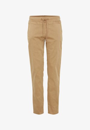 Kaki hlače s vezicom izrađene od mješavine pamuka. Imaju sužene nogavice, prednje džepove i detalje šivanja uz struk.