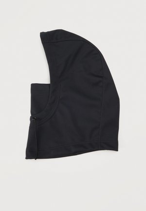 Capuche en tissu noir avec des coutures et un cordon de serrage, présentée sur un fond clair.