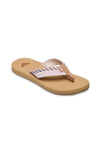 Καφέ σανδάλι τύπου φλιπ φλοπ με υφή στην σόλα από EVA. Διαθέτει υφασμένο λουράκι σε ροζ, άσπρο και μαύρο με διακριτική λεπτομέρεια στο σημείο του δακτύλου.