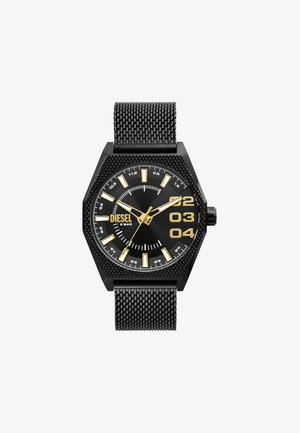 Sześciokątny czarny zegarek z teksturowanym paskiem z siatki. Czarna tarcza z złotymi akcentami, wyraźnymi znacznikami godzin oraz okienkiem daty na godzinach 2 i 4.
