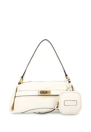 Weiße Lederschultertasche mit goldfarbenem Verschluss, schwarzer Kantenverarbeitung und kleinem angebrachtem quadratischem Täschchen mit Reißverschluss.