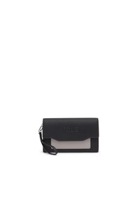 Black leather wallet with a gray front panel featuring embossed "TOUS" logo, fold-over flap, and a detachable wrist strap.
