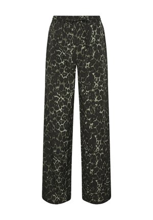 Leveälahkeiset housut, joissa musta ja tummanvihreä abstrakti leopardi-kuosi sekä joustava vyötärönauha, jossa musta kiristysnauha.