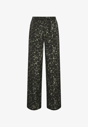 Leveälahkeiset housut, joissa musta ja tummanvihreä abstrakti leopardi-kuosi sekä joustava vyötärönauha, jossa musta kiristysnauha.