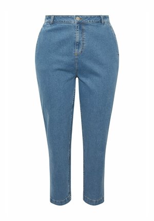 Light blue denim jeans with a high waist, straight leg, and cropped length. Features classic stitching and a button closure.