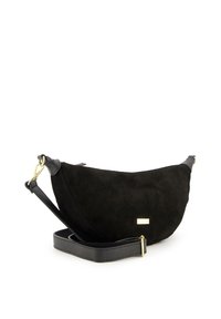 Black suede crossbody bag with a curved shape, adjustable leather strap, and gold hardware accent. Textured finish and minimalist design.