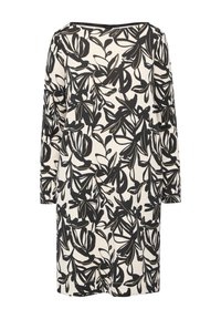 Robe noire et blanche avec un motif floral, dotée de manches longues et d'une coupe droite. Fabriquée en tissu léger avec un col rond.