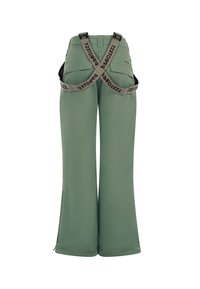 Groene skibroek met verstelbare zwarte banden, flared onderkant, twee achterzakken en een gladde, waterafstotende afwerking.