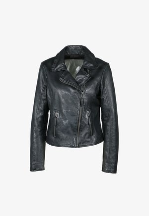 Zwarte leren jas met een geknotte kraag, voorritssluiting en twee zijzakken met rits. Heeft een iets getailleerde pasvorm en een gladde textuur.