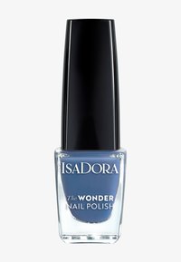 Niebieski lakier do paznokci w przezroczystej szklanej butelce z czarną nakrętką. Etykieta z białym napisem: "IsaDora The WONDER NAIL POLISH."