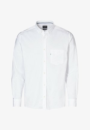 Camicia bianca a maniche lunghe con bottoni, dotata di tasca sul petto, colletto e vestibilità comoda. Realizzata in tessuto traspirante con una texture liscia.