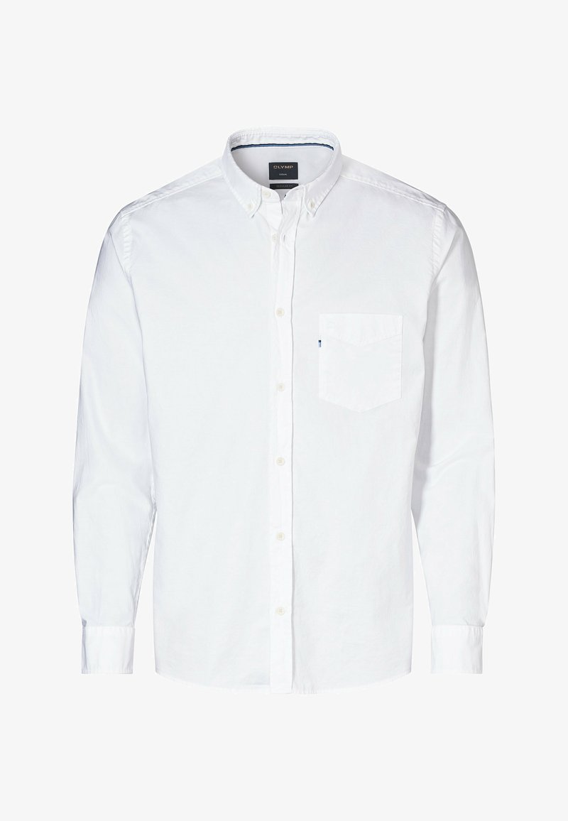 Weißes Langarmhemd mit Knopfleiste, Brusttasche, Kragen und lockerer Passform. Aus atmungsaktivem Stoff mit glatter Textur gefertigt.