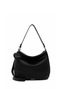 Black leather shoulder bag with a curved shape, textured surface, adjustable strap, and a heart-shaped zipper pull. Silver-tone hardware accent.