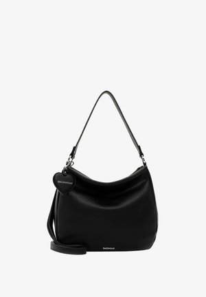 Zwarte leren schoudertas met een gebogen vorm, gestructureerd oppervlak, verstelbare schouderriem en een ritslug met de vorm van een hart. Accenten in zilverkleurig metaal.