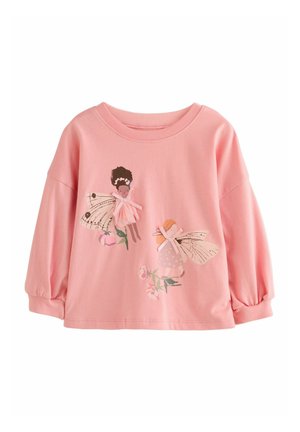 Pink long-sleeve cotton top featuring a graphic of two fairy characters and butterflies, with floral accents in soft colors and a relaxed fit.