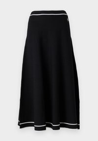 Black knit skirt with a flared silhouette, featuring a white ribbed waistband and white accent stripes at the hem. Smooth texture.