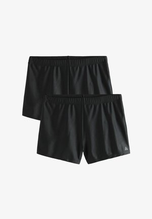 Deux paires de shorts de sport noirs avec ceintures élastiques, design simple et un petit logo triangulaire sur une jambe, présentées sur fond blanc.